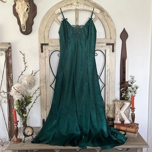 Vintage Frederick’s of Hollywood Emerald Green Satin Maxi Slip Dress with Slit